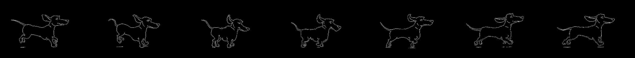 Seven hand-drawn frames of a dachshund mid-run, laid out left to right as one sprite strip